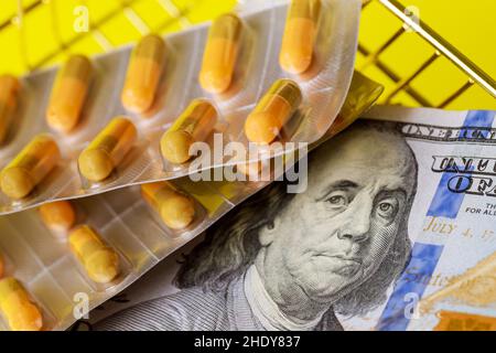 Medizin, Gesundheitskosten, Dollar, Medikamente, Gesundheitskosten, amerikanisches Geld, Dollar Stockfoto