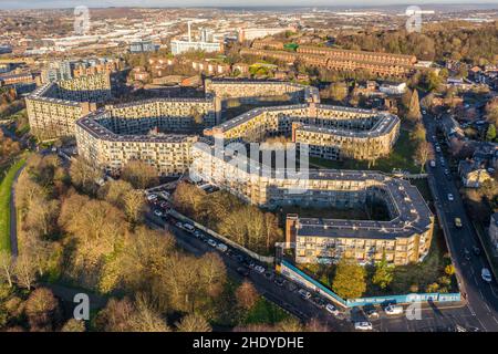 Eine Luftaufnahme der Wohngebäude der Park Hill Wohnsiedlung in Sheffield, South Yorkshire Stockfoto