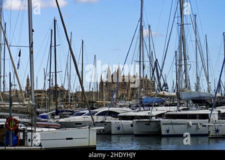 Palma, Mallorca, Spanien - 8th 2021. Oktober: Schiffe anlegen vor der Kathedrale Stockfoto