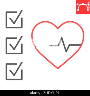Symbol für die Health Check-Linie, Diagnose und Herzschlag, Vektorsymbol für medizinische Berichte, Vektorgrafiken, bearbeitbares Konturumrisszeichen, eps 10. Stock Vektor