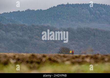 Donaustauf, Deutschland. 07th Januar 2022. Wanderer gehen bei düsterem Wetter auf einem Pfad. Quelle: Armin Weigel/dpa/Alamy Live News Stockfoto