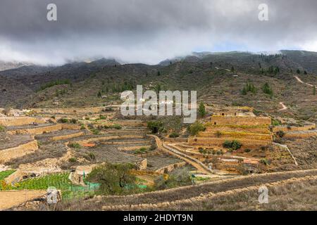 Bergdorf und Bauernhöfe Terrassen von Las Fuentes, Guia de Isora, Teneriffa, Kanarische Inseln, Spanien Stockfoto