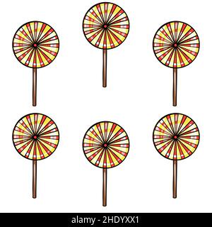 Nahtloses Rastermuster aus Candy Lollipop in einer runden Form von oranger Farbe mit schwarzen Streifen auf einem weißen isolierten Hintergrund. Hochwertige Illustration Stockfoto