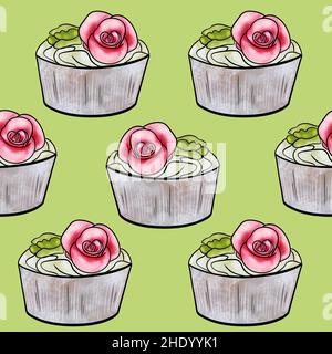 Nahtloses Rastermuster aus Cupcakes mit beigefarbener Basis und gelb-rosa Cremefüllungen, verziert mit Blumen auf grünem Hintergrund. Hochwertige Illustration Stockfoto