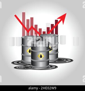 Chart für Preiserhöhungen und schwarze Öltrommel. Konzept der Ölindustriekrise oder der Preiserhöhungen. Markttrend. Stock Vektor