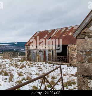 INVERDRUIE, AVIEMORE, SCHOTTLAND - 6. JANUAR 2022: - Dies ist die Szene einer lange stillgegangenem Farm und ihres Hauses in der Caingorms Region von Aviemore, Scotl Stockfoto