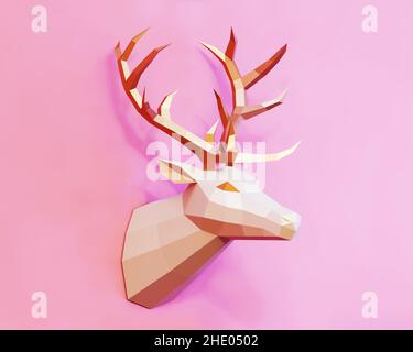 Niedrige Poly-Hirsch-Trophäe mit goldenen Hörnern im Profil, rosa Hintergrund, 3D gerendert Stockfoto