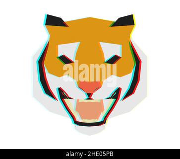 Abstrakter Low-Poly-Tiger-Kopf im Gesicht mit Glitch-Effekt, 3D Rendering Stockfoto