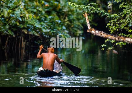 Einheimischer Stammesmann, der im regenwald amazoniens in einem handgefertigten Boot schwimmend ist Stockfoto