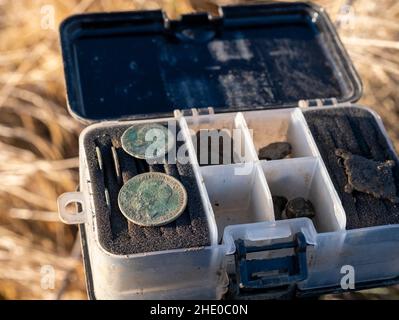 George V Penny und Victorian Münze gefunden werden, ein Metalldetektor West Lothian, Schottland. Stockfoto