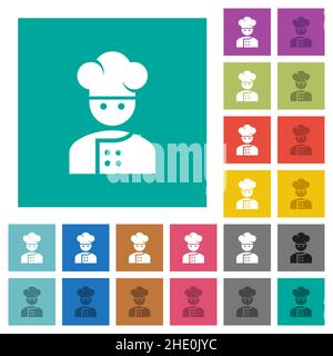 Meisterkoch mit Gläsern und Schnurrbart, mehrfarbigen flachen Symbolen auf schlichten quadratischen Hintergründen. Weiße und dunklere Symbolvariationen für Schweben oder Akt enthalten Stock Vektor