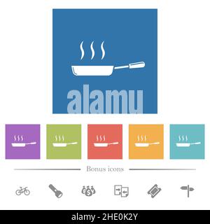 Glänzende, dampfende Bratpfanne Seitenansicht flache weiße Symbole auf quadratischen Hintergründen. 6 Bonus-Symbole enthalten. Stock Vektor