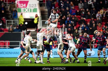 Sale Sharks' Lood De Jager gewinnt eine Linie während des Spiels der Gallagher Premiership in Ashton Gate, Bristol. Bilddatum: Freitag, 7. Januar 2022. Stockfoto