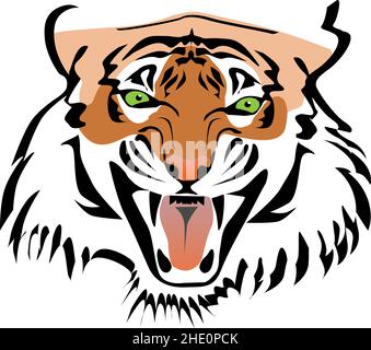 Vorderansicht des wütenden brüllenden toothy Tiger Gesicht Farbe Vektor Illustration Nahaufnahme Porträt Stock Vektor