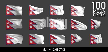 Nepal Flagge isoliert - verschiedene Bilder der wehenden Flagge auf grauem Hintergrund - Objekt 3D Illustration Stockfoto