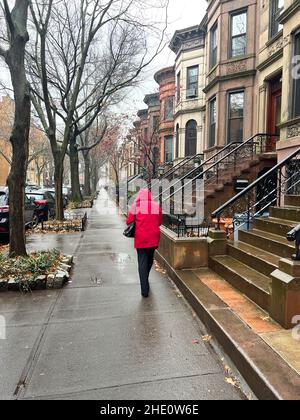 Ruhiger regnerischer Morgen in einer berühmten Wohnstraße im Park Slope-Viertel von Brooklyn, New York. Stockfoto