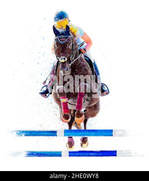 Jockey auf dem Pferd. Schwarzes Pferd springt. Reitsport-Veranstaltungen. Springwettbewerb. Aquarell Malerei Illustration isoliert auf weißem Hintergrund Stockfoto