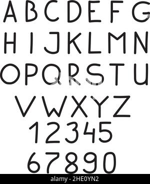 Handgezeichnetes einfaches Alphabet und Zahlen im Doodle-Stil isoliert. Stock Vektor