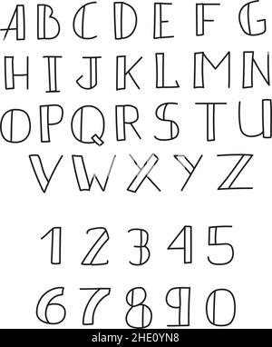 Handgezeichnetes Alphabet und Zahlen im Doodle-Stil isoliert. Stock Vektor