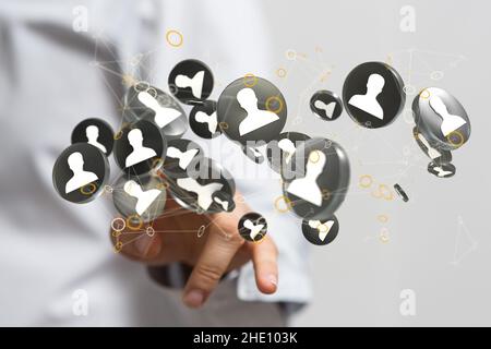 Männliche Hand zeigt auf eine Illustration der Geschäfts- und Kommunikationsgruppe Stockfoto