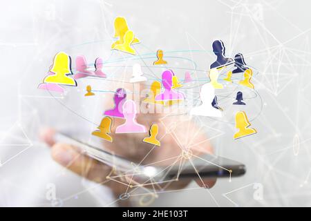Männliche Hand zeigt auf eine Illustration der Geschäfts- und Kommunikationsgruppe Stockfoto