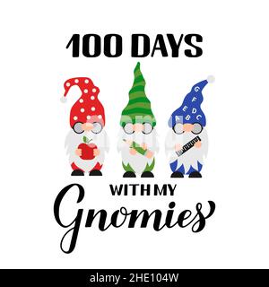 100 Tage mit meinen Gnomies. Schulgnome tragen Sonnenbrillen. Niedliche Comic-Figuren. Vektor-Vorlage für Banner, Poster, Grußkarte, T-Shirt, etc. Stock Vektor