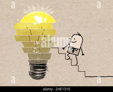 Hand gezeichnet Cartoon Geschäftsmann Klettern Ebenen zu einer Aufhellung Lampe - Collage Stockfoto
