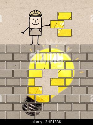 Hand gezeichnet Cartoon Builder Mann mit dem letzten Stück von A Wand- und Glühlampe Stockfoto