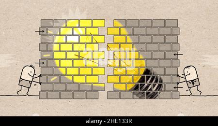Hand gezeichnet Cartoon Männer zusammen schieben Wände Puzzle o machen Eine Glühlampe Stockfoto