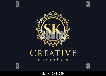 SK Initial Letter Luxus kalligraphisch feminin floral handgezeichnet heraldischen Monogramm antiken Vintage-Stil Luxus-Logo-Design Premium Stock Vektor