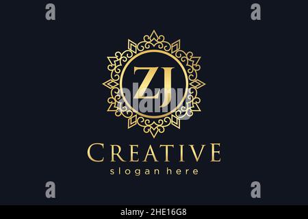 ZJ Initial Letter Luxus kalligraphisch feminin floral handgezeichnet heraldischen Monogramm antiken Vintage-Stil Luxus-Logo-Design Premium Stock Vektor