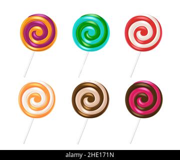 Lollipop Candy Vektor-Set-Design. Lollipops Stick Kinder Dessert Sammlung in weißem Hintergrund mit bunten Geschmack Süßigkeiten für Geburtstag isoliert. Stock Vektor