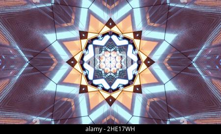Eine Illustration von 3D eines achteckigen sternförmigen Mandala-Musters, das mit hellen Konturen erleuchtet ist Stockfoto