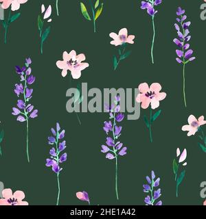 Aquarell-Nahtloses Muster mit wilden Wiesenblumen und Lavendelzweigen. Original handgezeichneter Naturdruck für Dekor und Textildesign. Stockfoto