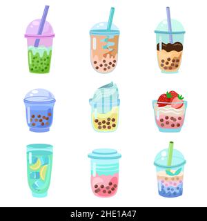Set aus Bubble Tea Cup. Cartoon-Gase von Milchshakes. Asiatische Essenssammlung. Stock Vektor