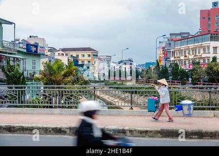 Eine vietnamesische Dame trägt ihre Produkte mit einem Pfosten über den Entwässerungskanal zum Verkauf. Stockfoto