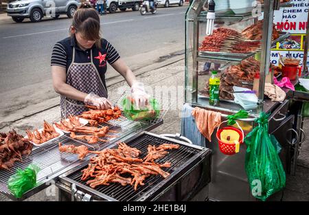 Street Food - Vietnamesisches Mädchen, das Hühnerfüße auf dem Bürgersteig in Da lat gegrillt. Stockfoto