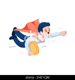 Flat 3D Isometric Super Businessman hält goldene Münze und fliegt hoch. Konzept für das Wachstum von Finanzen und Karriere. Stock Vektor