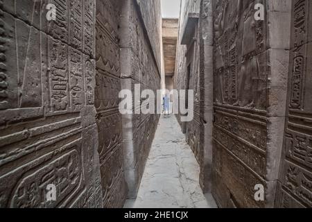 Ein reich geschnitzter und reich verzierter Steinkorridor, der mit Reliefskulpturen und Hieroglyphen im Edfu-Tempel, einer archäologischen Stätte in Ägypten, bedeckt ist Stockfoto