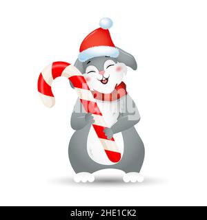 Jahr des Kaninchens. Weihnachtshase im weihnachtsmütze mit Lollypop. Chinesisches Neujahrssymbol 2023. Vektorgrafik im Cartoon-Stil. Designelement für Stock Vektor