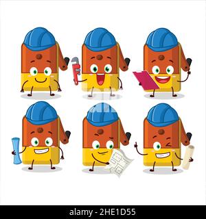 Architekt orange Bleistift Spitzer Tisch niedlichen Maskottchen Charakter mit Zange. Vektorgrafik Stock Vektor