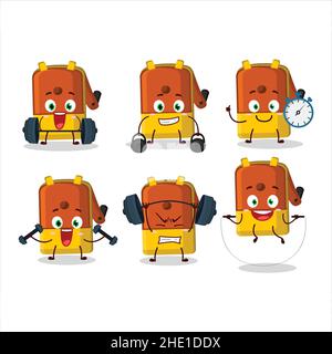 Ein gesunder orangefarbener Bleistift Spitzer Tisch Cartoon-Stil versucht einige Werkzeuge auf Fitness-Center. Vektorgrafik Stock Vektor