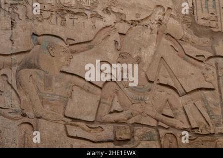 Eine bemerkenswert gut erhaltene, bemalte Reliefskulptur eines pharaos auf einer Tempelmauer im Karnak-Tempel, einer archäologischen Stätte in Ägypten. Stockfoto