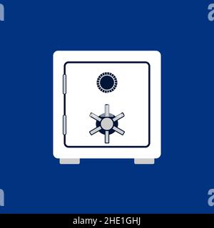 Weißer Safe auf blauem Hintergrund. Sparkonzept. Geldschutz. Metallsicherheit. Bankschließfach-Symbol. Elektronischer Bankraum. Vektor, flach Stock Vektor