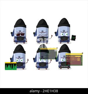 Ein Hacker blau Bleistift Spitzer Tisch Charakter Maskottchen mit. Vektorgrafik Stock Vektor