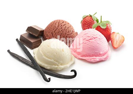 Drei Kugeln Eis mit Zutaten - Beschneidungspfad inbegriffen Stockfoto