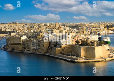 Valletta, Malta. Grand Harbour View, Senglea vom oberen Barrakka Gärten Stockfoto