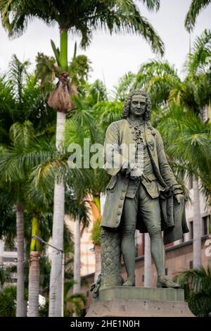 Statue von Bertrand François Mahé de Labordonnais, ehemaliger Generalgoverner von Mauritius, als er unter französischer Herrschaft war, in der Nähe des Hafens von Port Louis Stockfoto