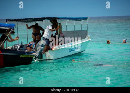 Touristen beobachten Schildkröten in der Lagune um Mauritius herum Stockfoto