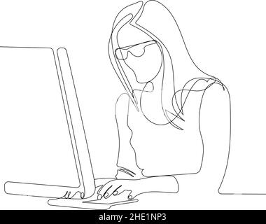 Eine Einzelzeilenzeichnung des Heimbüros einer jungen Frau Stock Vektor